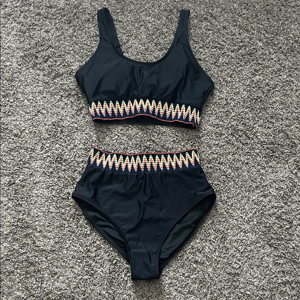 Black High-Waisted Bikini Set with Multicolor Zigzag Trim (S)